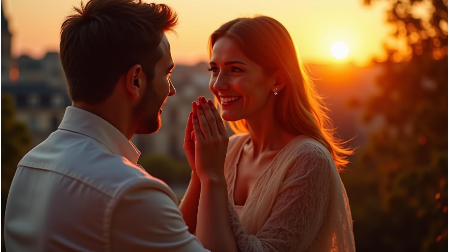 Couple s'agenouillant pour une demande en mariage avec une bague LuneÉclat, ambiance romantique et élégante