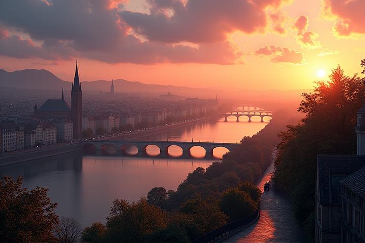 Vue romantique d'un paysage urbain au coucher du soleil, ambiance propice à une demande