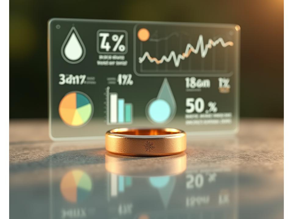 Graphique circulaire stylisé montrant les réductions de CO2 et d'eau avec des icônes de feuille et de goutte d'eau, sur un fond de bijou éco-conçu
