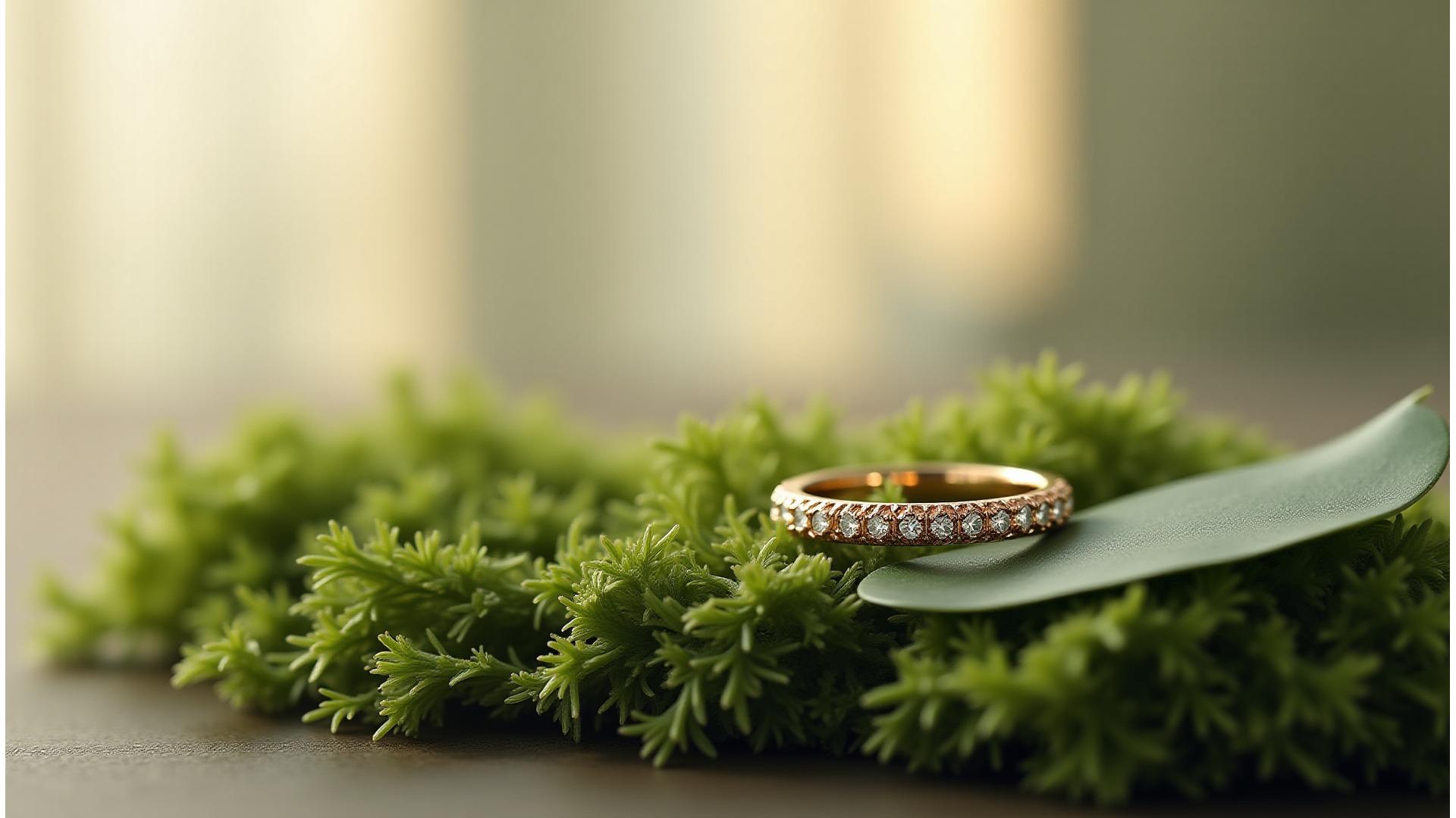 Bijoux éthiques posés sur des feuilles vertes avec un certificat de durabilité
