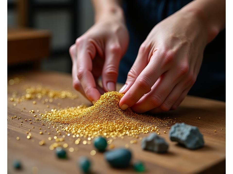 Mains d'artisan triant des pierres précieuses et du métal recyclé sur un établi