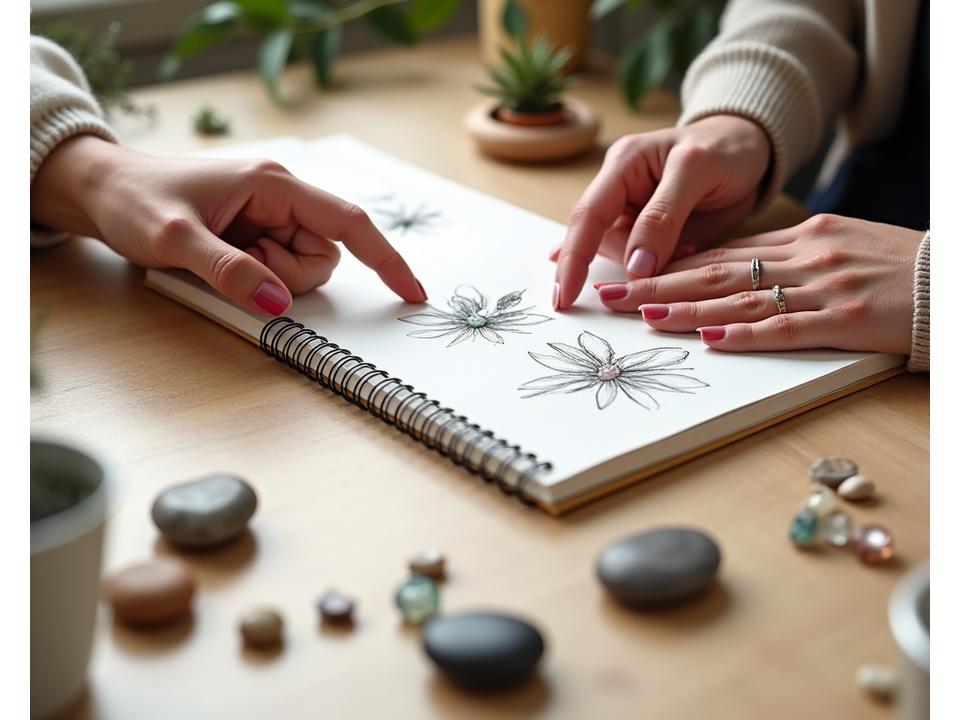Mains d'un client et d'un artisan consultant un croquis de bijou fait sur mesure, avec des herbiers et pierres naturelles étalés sur un établi en bois clair.