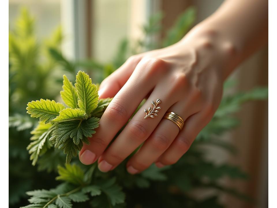 Main portant une bague subtile en forme de rameau d'olivier, caressant délicatement une feuille verte, lumière naturelle douce.