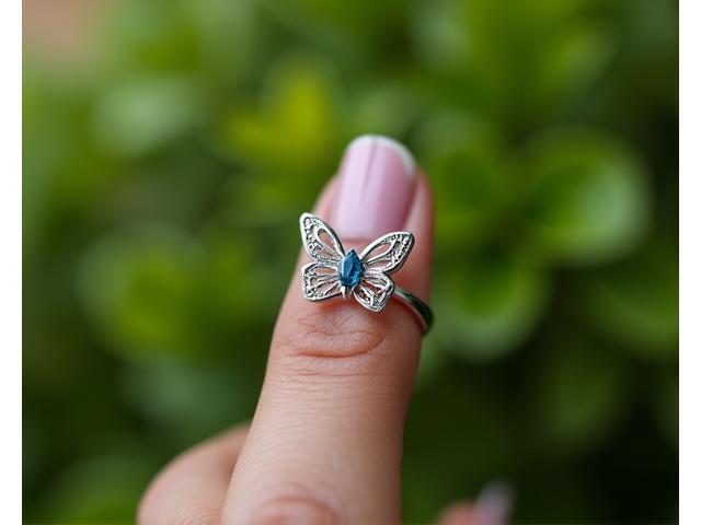 Bague en argent représentant un petit papillon aux ailes détaillées, serti d'une topaze bleue.