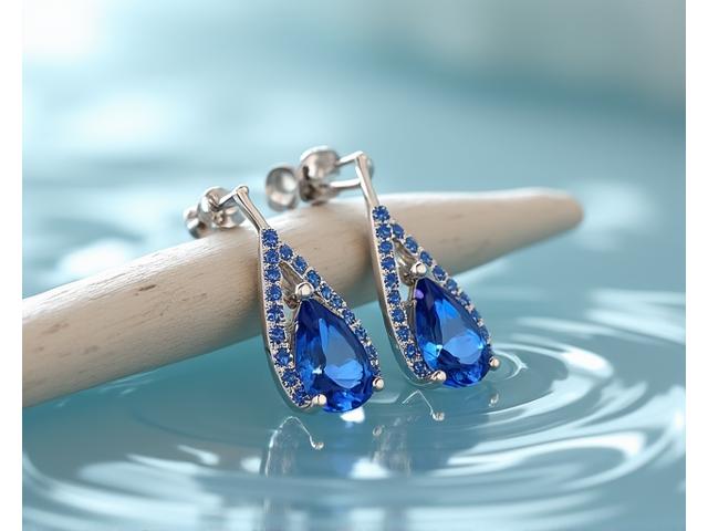 Boucles d'oreilles en forme de petites vagues stylisées en or blanc, serties de minuscules saphirs.