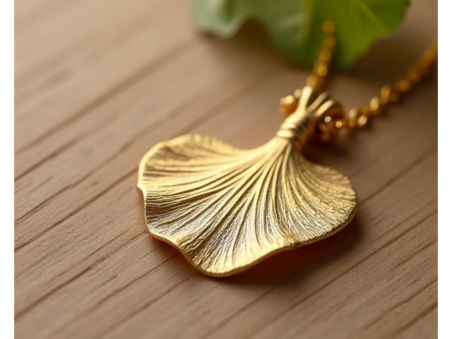 Pendentif délicat en forme de feuille de ginkgo, avec des nervures finement ciselées, en or brossé.
