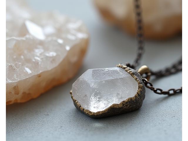 Collier avec un pendentif en quartz brut, mettant en valeur la texture naturelle du cristal.