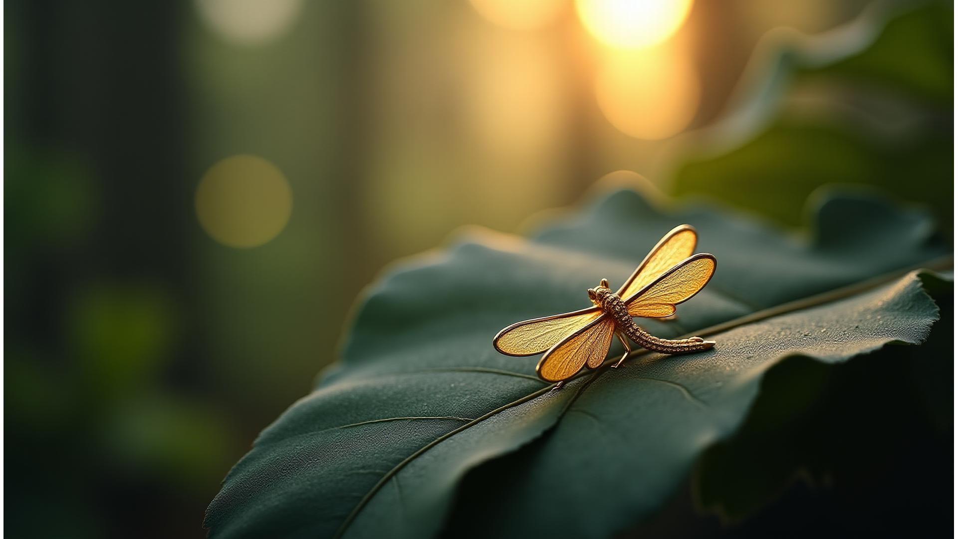 Broche en forme de libellule posée sur une feuille de chêne, fusion élégante entre la nature et un bijou finement ouvragé.