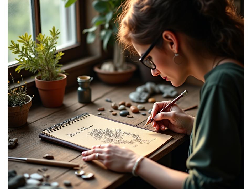 Artisan joaillier esquissant sur son carnet des formes végétales observées dans la nature, outils d'orfèvrerie en arrière-plan.