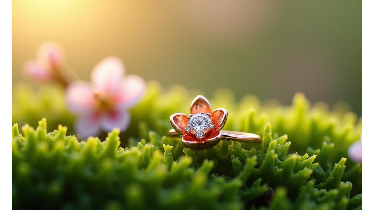 Pendentif délicat en forme de bourgeon, en or rose, sur un fond de fleurs de cerisier en floraison.