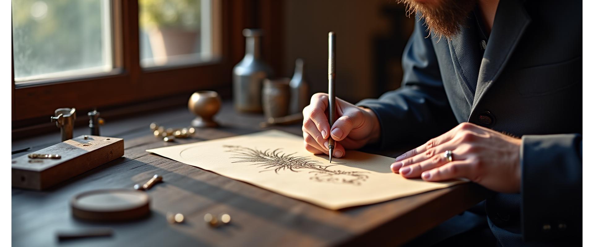 Un designer de bijoux LuneÉclat esquissant un bijou personnalisé avec des outils d'orfèvrerie classiques, lumière douce, ambiance atelier.