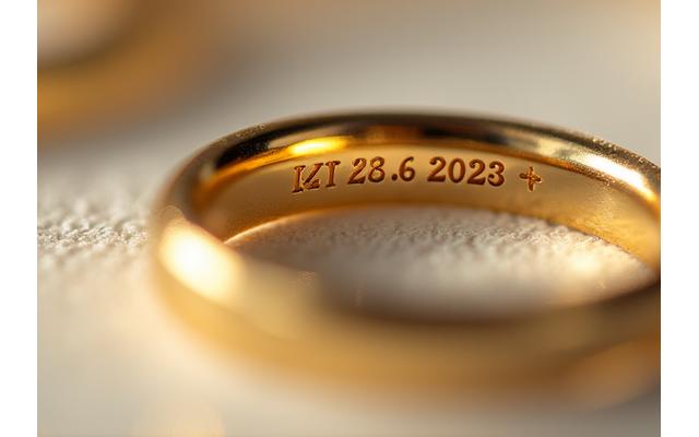 Détail d'une bague en or gravée au laser avec une date et des initiales, mise en valeur par un éclairage doux.