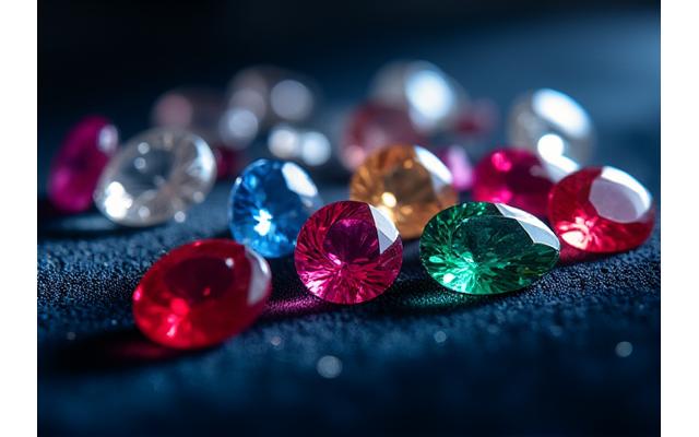 Assortiment de pierres précieuses et semi-précieuses de différentes couleurs et tailles, incluant saphirs, rubis, émeraudes et diamants, sur fond velours.