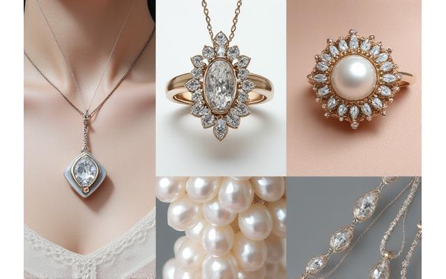 Tableau d'humeur avec des images juxtaposées de bijoux aux styles variés : art déco, minimaliste contemporain, et éléments baroques.