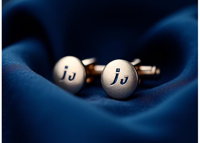 Paire de boutons de manchette en or blanc avec initiales gravées et un saphir carré sur chacun.