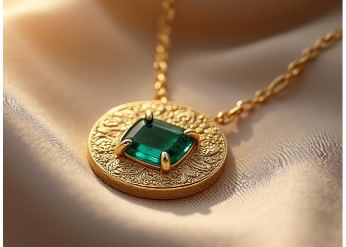 Collier pendentif en or jaune avec une émeraude rectangulaire au centre et des motifs gravés inspirés d'un héritage familial.