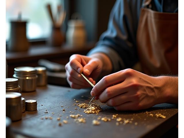 Mains d'artisan joaillier travaillant minutieusement sur un bijou inachevé dans un atelier lumineux, mettant en valeur des outils traditionnels.