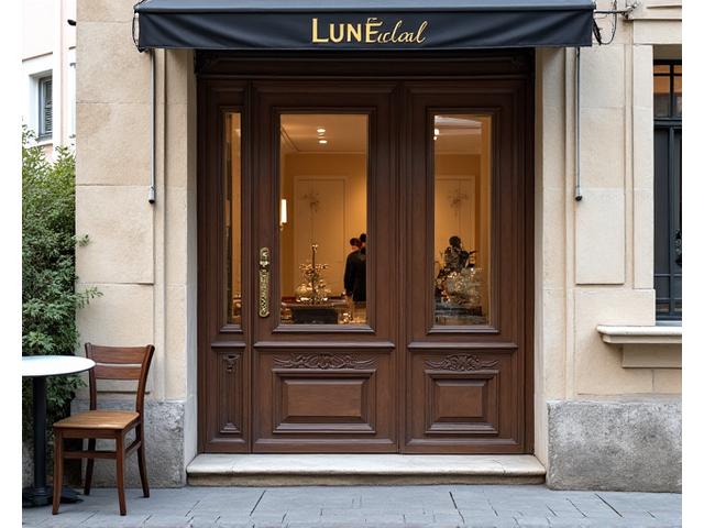Photo de la façade de LuneÉclat Jewelry à Lyon, avec une enseigne élégante et une porte en bois encadrée de pierre claire, sous un ciel légèrement nuageux.