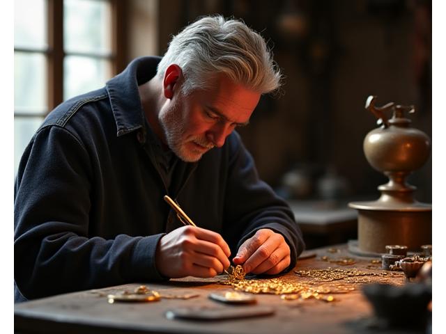 Maître orfèvre travaillant sur un bijou en or dans un atelier traditionnel, avec des outils anciens.