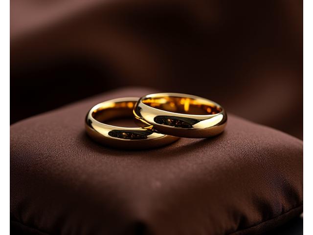 Une paire d'alliances en or 18k sur mesure, polies à la perfection, délicatement posées sur un coussin de soie.