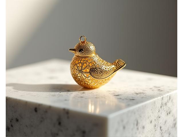 Un petit objet d'art en or filigrané, représentant un oiseau stylisé, très détaillé.
