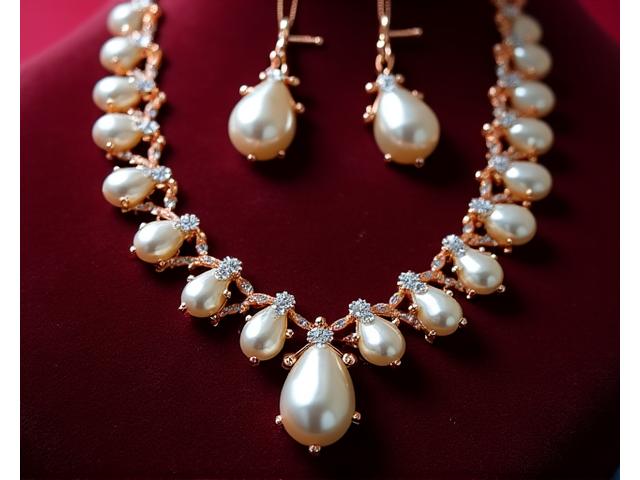 Parure complète en or rose et perles de culture, collier, boucles d'oreilles et bracelet, sur velours.