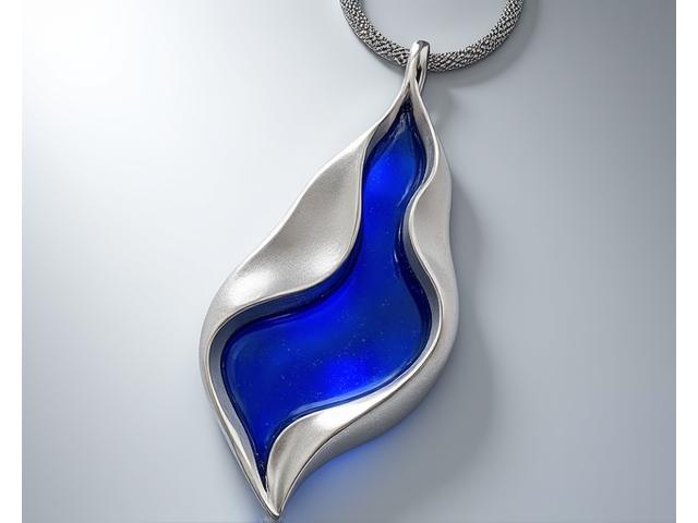 Un pendentif d'art contemporain en argent repoussé et émail bleu profond, forme organique abstraite.
