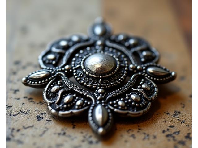 Une ancienne broche en argent restaurée, montrant la partie avant et après restauration, détails retrouvés.