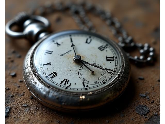 Une ancienne montre de poche en argent, abîmée, oxydée, avec des rayures visibles.