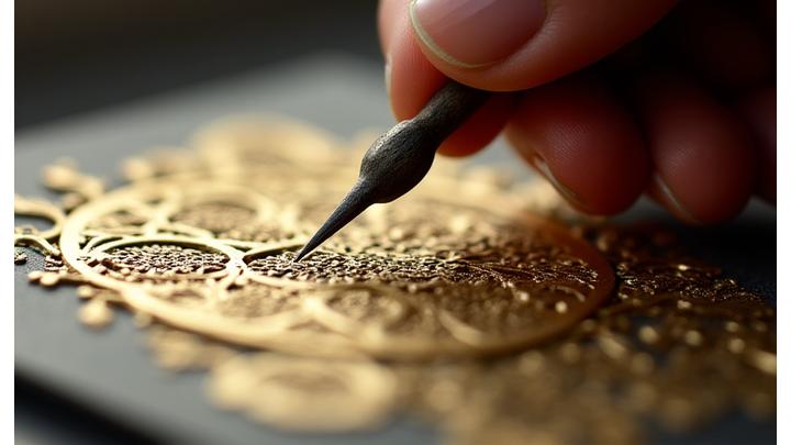 Image d'aperçu pour la vidéo de repoussé, montrant un artisan martelant une feuille de métal par l'arrière pour créer un relief floral.