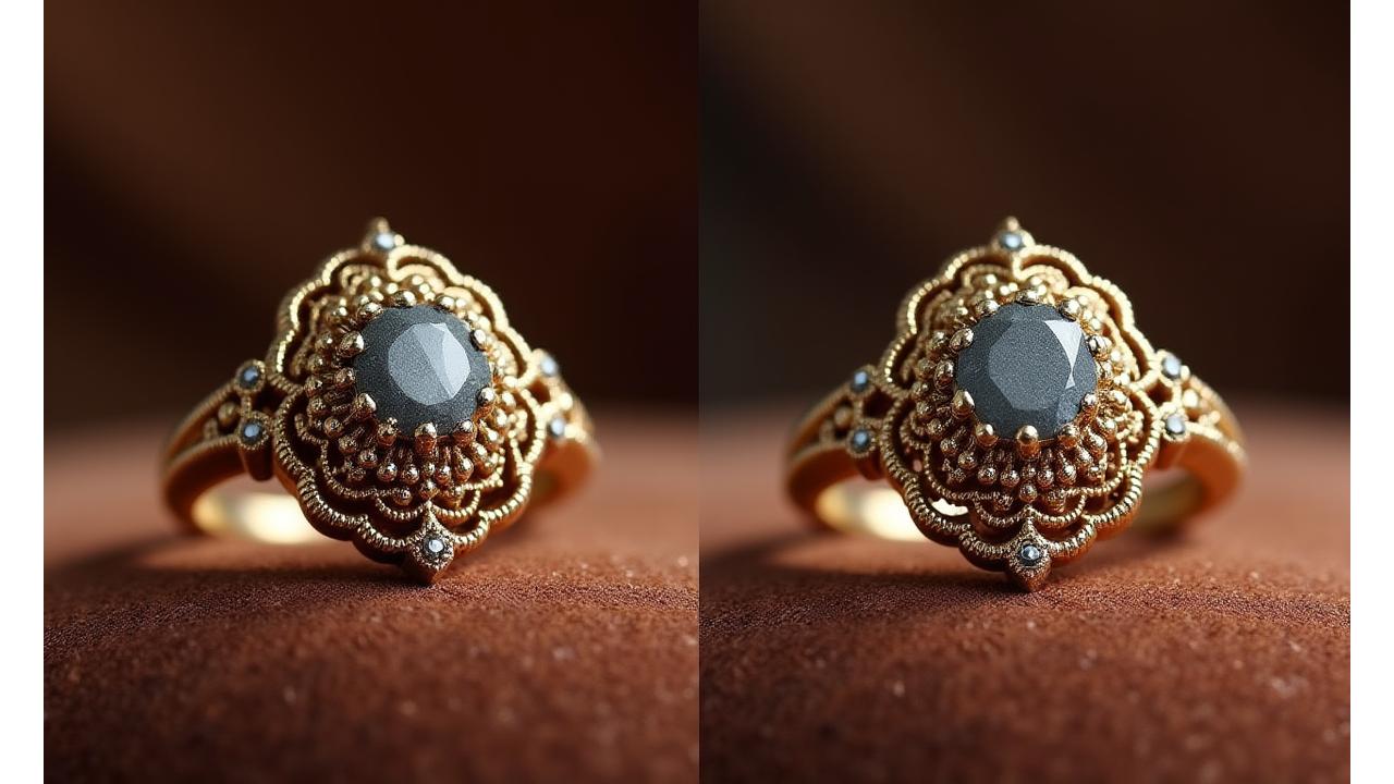 Comparaison avant/après d'un bijou restauré par LuneÉclat, montrant une bague ancienne oxydée et la même bague brillamment restaurée.