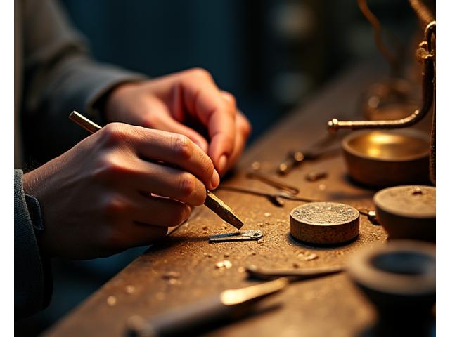 Mains d'un artisan expert utilisant des outils traditionnels, comme un marteau et un chalumeau miniature, sur un établi d'orfèvre.