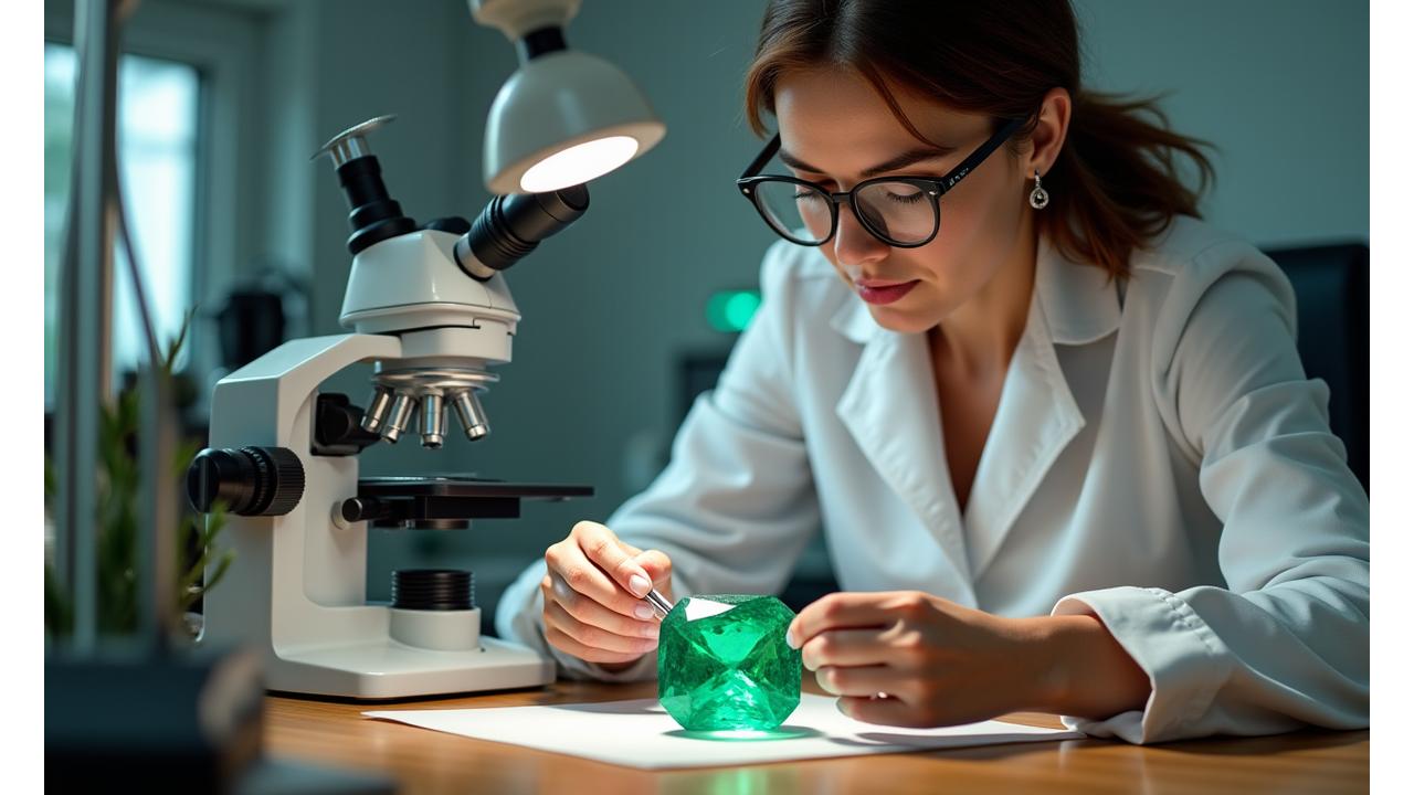 Un gemmologue examinant attentivement une pierre précieuse sous une loupe professionnelle dans un laboratoire raffiné.