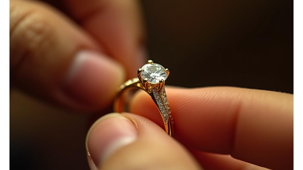 Vue macro d'une main experte sertissant un diamant sur un anneau d'or, lumière douce, ambiance atelier de luxe.