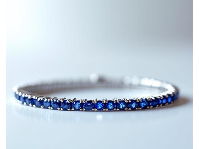 Bracelet élégant en or blanc, serti de multiples saphirs bleus taille princesse en sertissage rail continu.