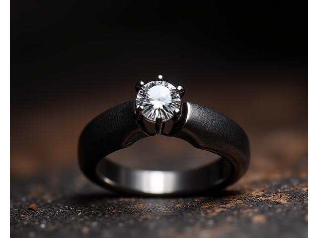 Bague futuriste avec un unique diamant rond semblant flotter entre les deux extrémités du métal par sertissage tension.