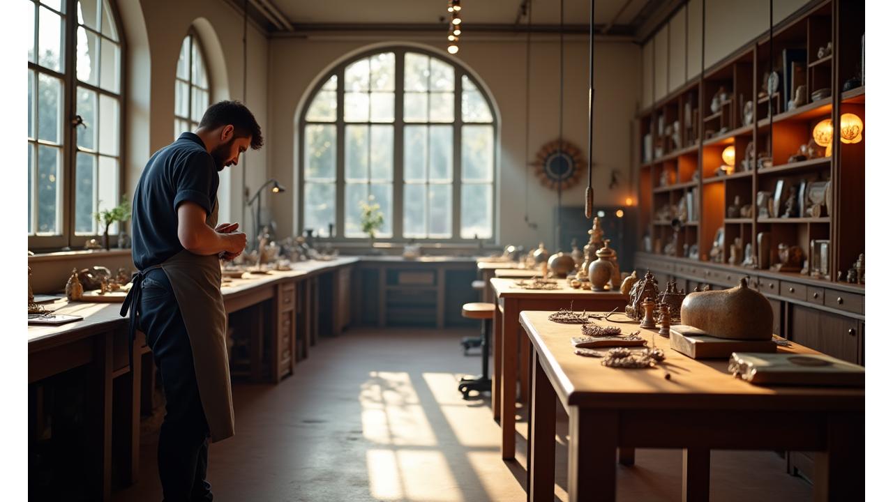 Vue panoramique d'un atelier de joaillerie moderne et lumineux, avec des outils de précision sur des établis en bois et un artisan en train de travailler.